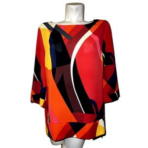 Next Womens Abstract Geometric Print Tunic Top Red Orange 3/4 Sleeve Size 12